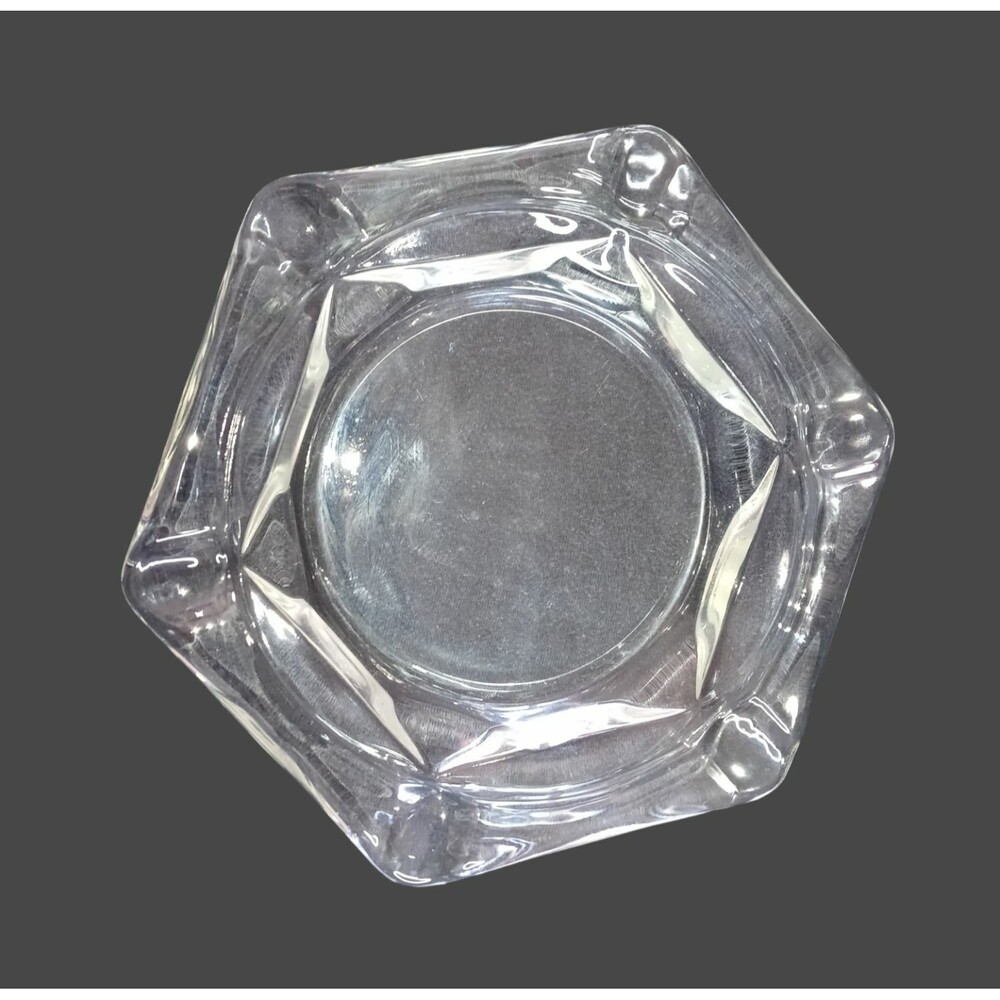 Vintage Large Hexagon Heavy Clear Glass Cigar Ashtray with 6 Rests